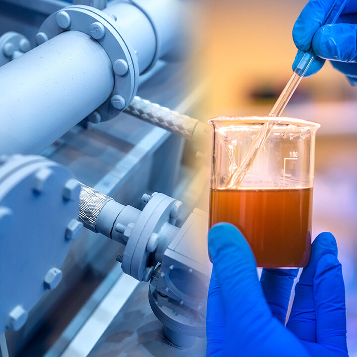 The hands of the laboratory assistant hold the container with the sample of the substance. Our certified lubricant specialists are experts in their field.